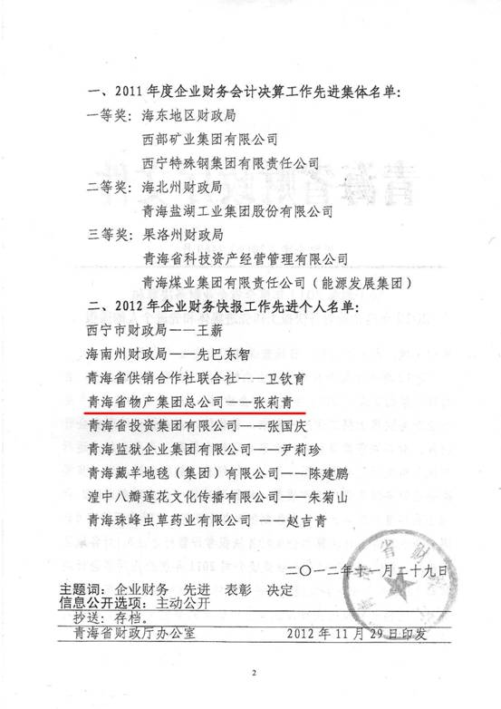 物產(chǎn)集團(tuán)榮獲2011年度財務(wù)決算先進(jìn)單位、2012年度財務(wù)快報工作先進(jìn)個人表彰
